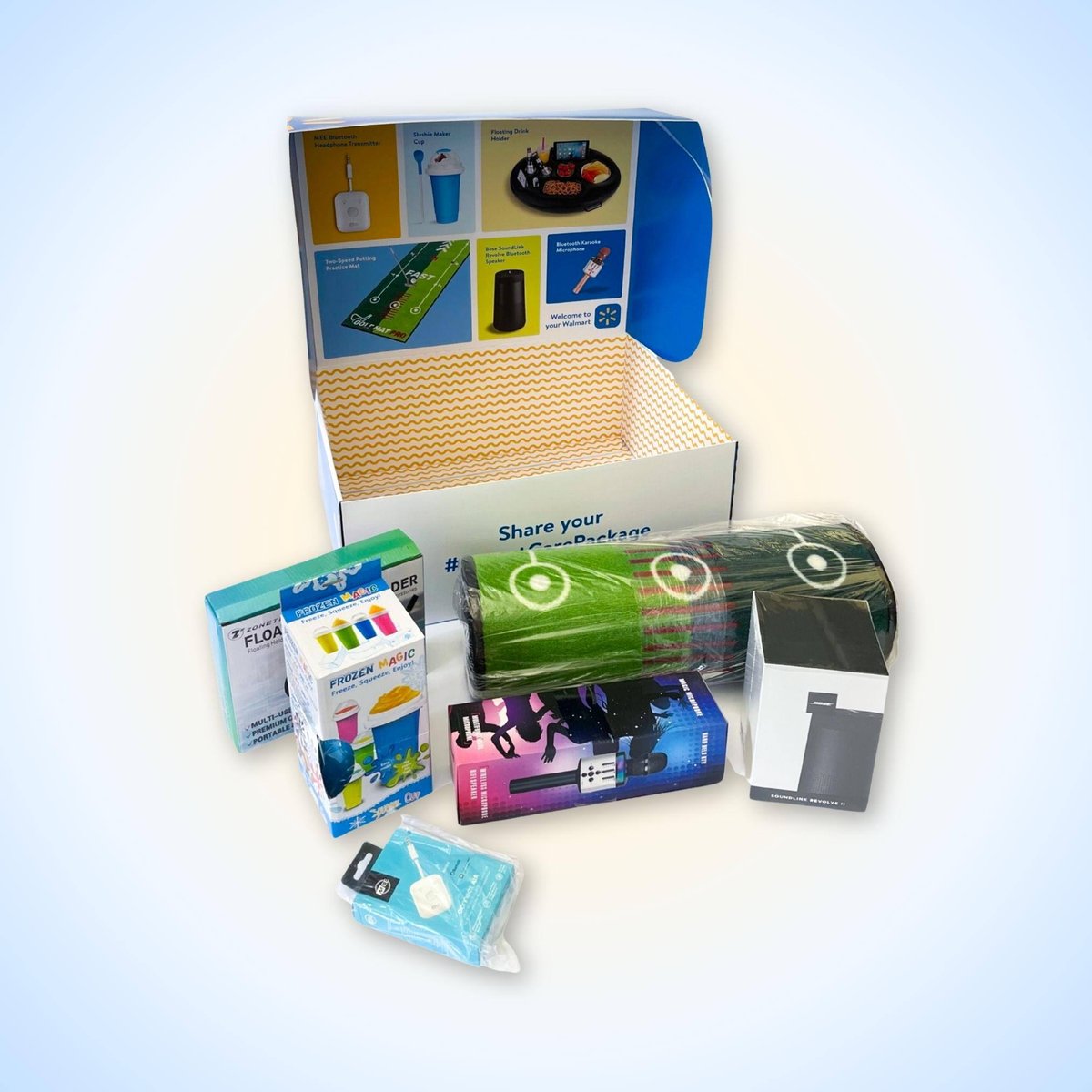 This Walmart professional relations box is titled "living my best life" and is promoted as a parent care package. It includes a speaker, slushy making cup, microphone, portable golf run, and floating food platter.