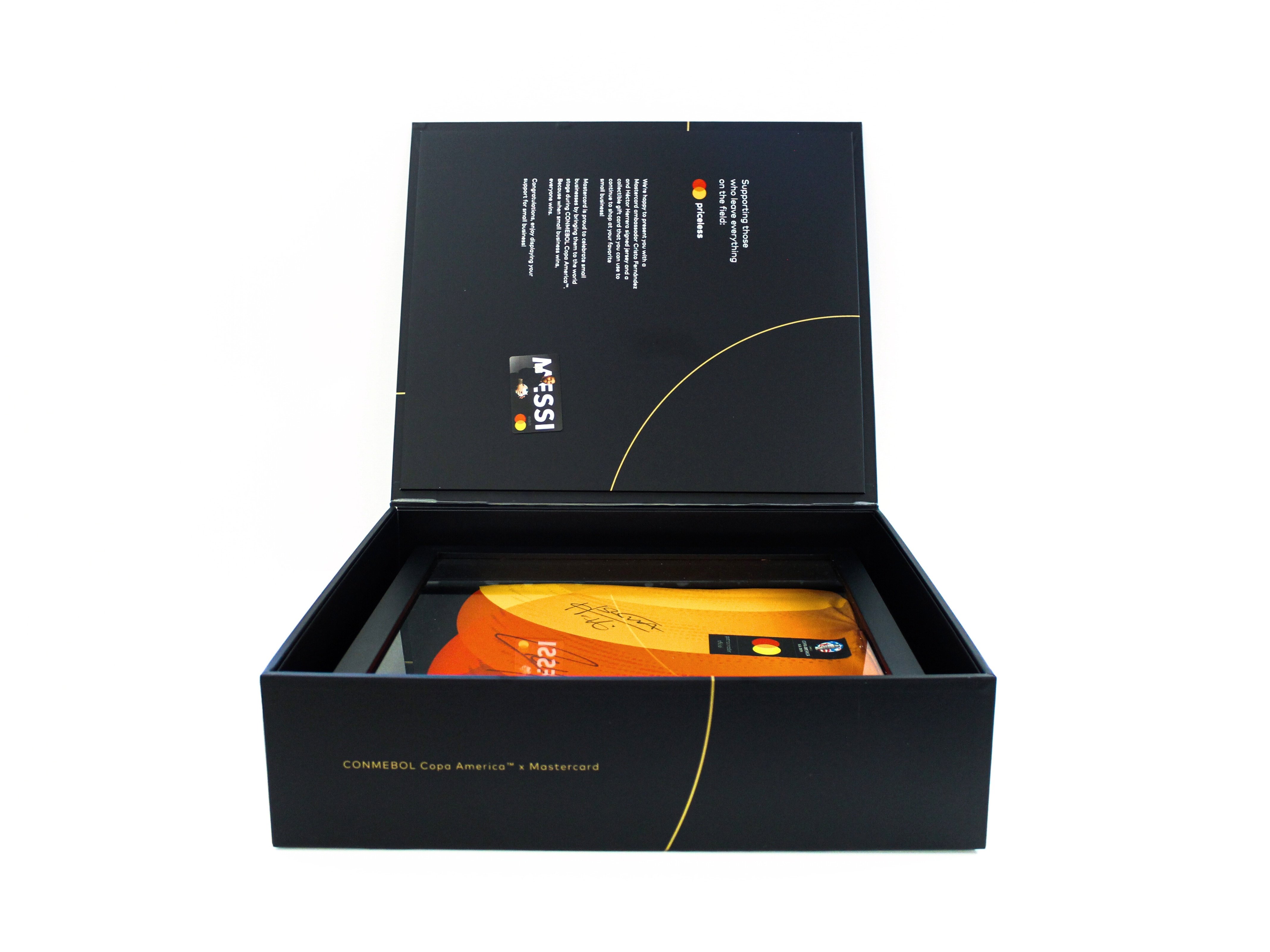 Public relations box between CONMEBOL Copa America and Mastercard. Positioned open to show box content.