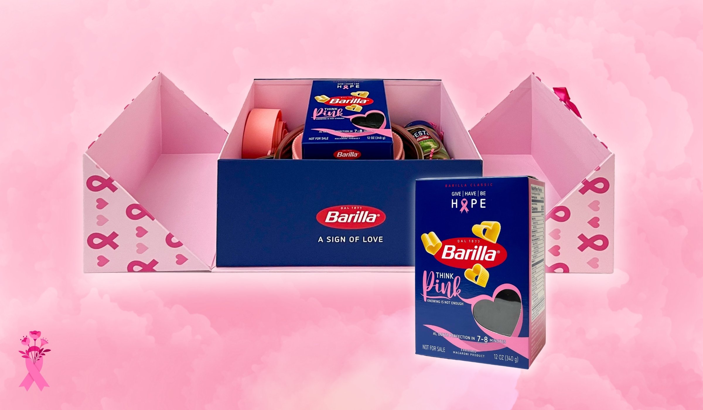 Barilla cancer councel association collaboration for breast cancer awareness. Pink used to color the inside of the box, heart shaped paster for consumption included as a gift. 