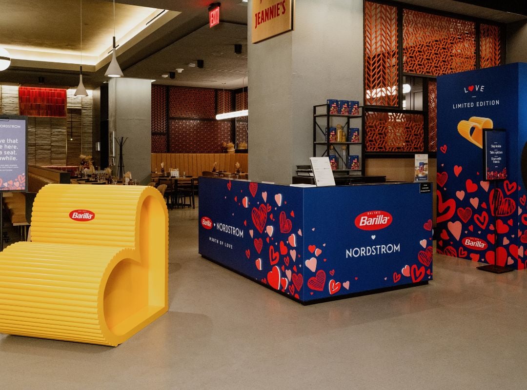 Barilla Love Pasta pop up display featuring a heart shaped pasta chair.