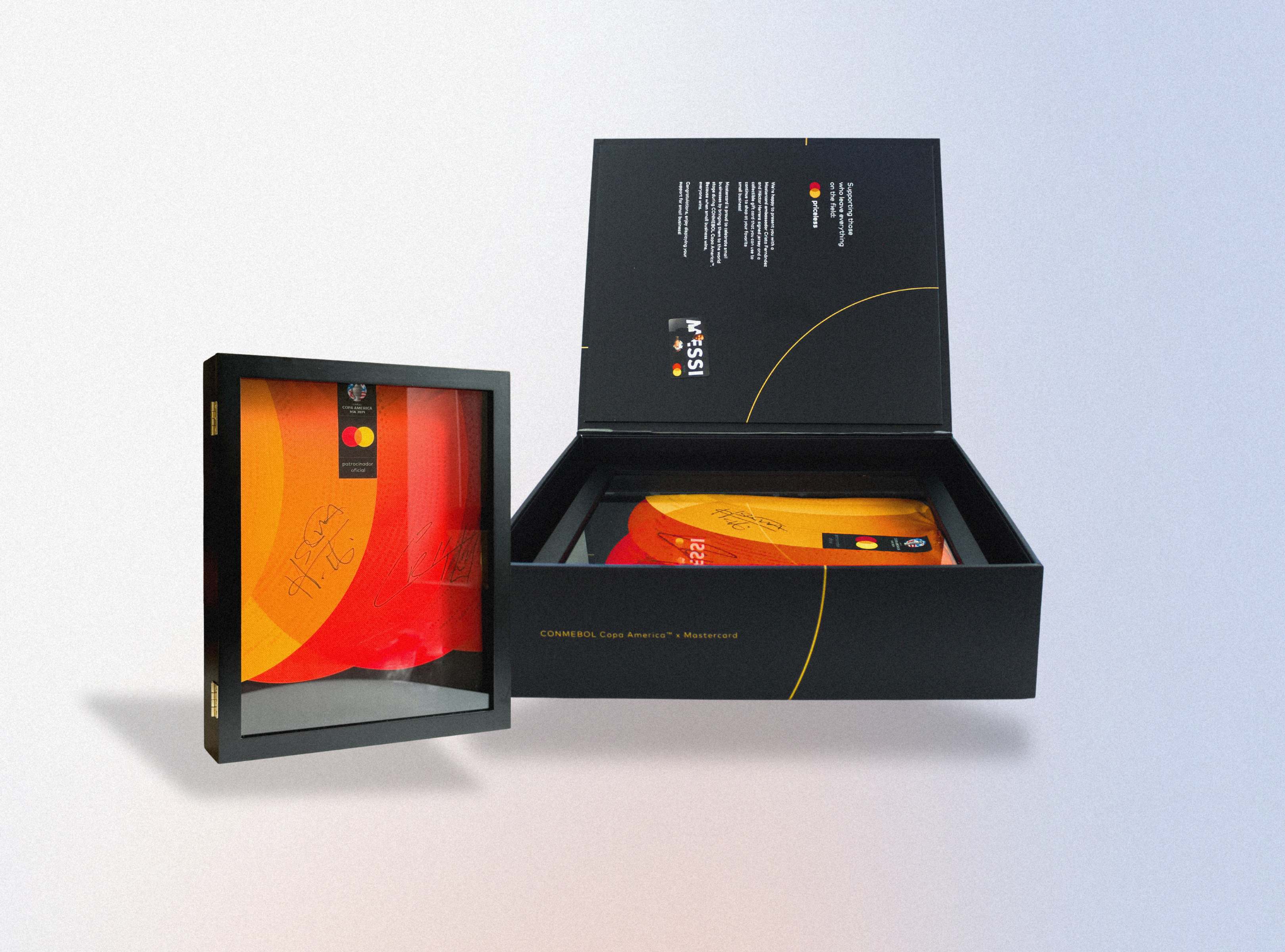 Copa America and Mastercard “Giving Back” collaboration influencer box. Including a signed image with two signatures inside a frame.