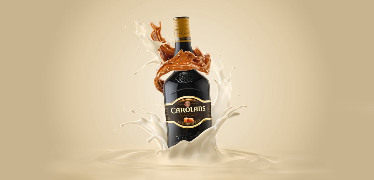 Carolans Irish Cream and Salted Caramel flavored beverage. The bottle is imaged with irish cream and salted caramel swirls curved around the bottle.