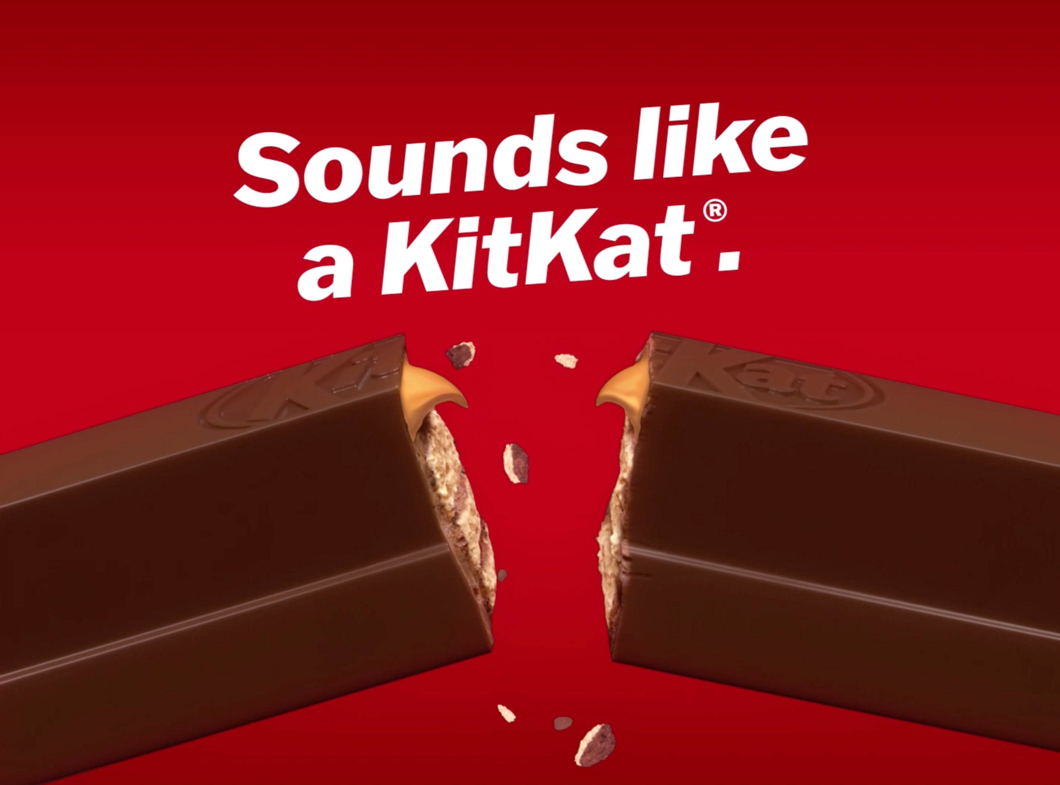 Kit Kat advertisement with the words "sounds like a KitKat," shown over a broken KitKat stick.