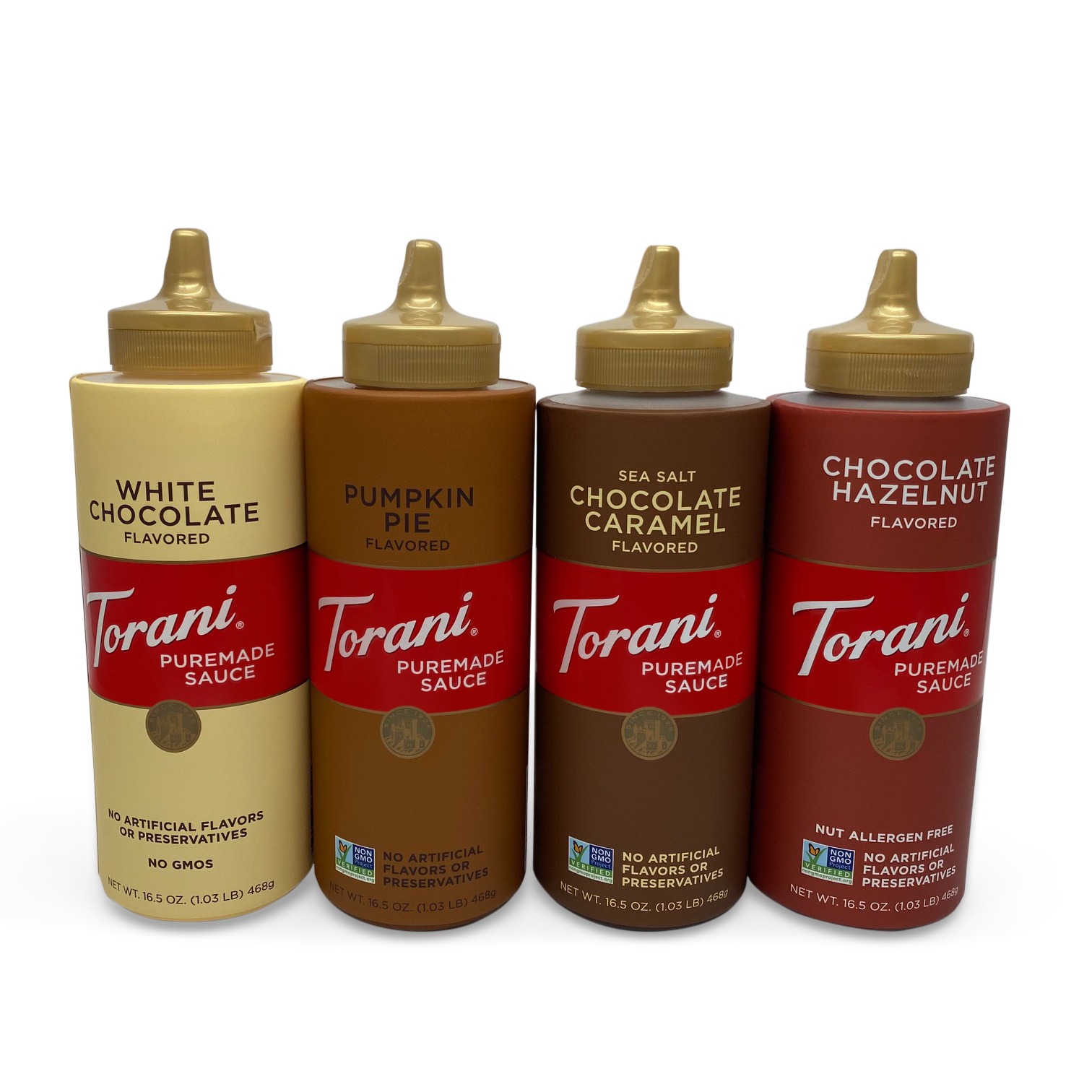 Torani flavored sauces. Four flavors; white chocolate, pumpkin pie, sea salt chocolate caramel, chocolate hazelnut.