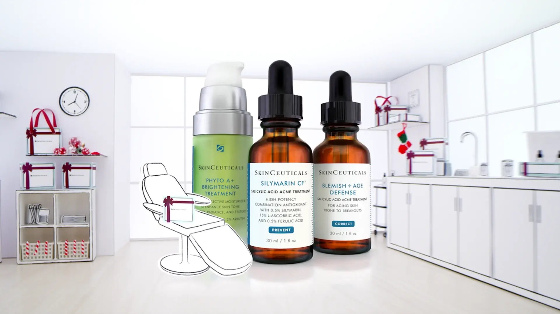 Skin Ceuticals advertisment for their new Silymarin CF salicylic acid treatment, and Blemish + Age Defense treatment. The products are imaged as human sized, standing in a 2D outline of a doctors office. 
