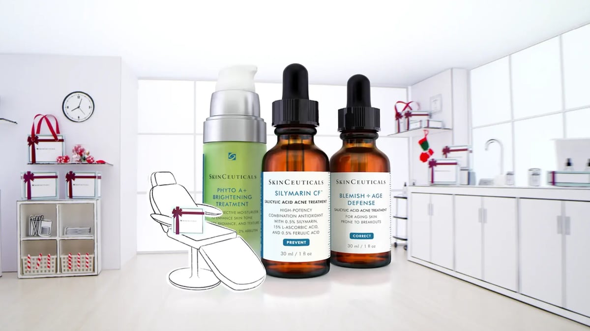 Skin Ceuticals advertisment for their new Silymarin CF salicylic acid treatment, and Blemish + Age Defense treatment. The products are imaged as human sized, standing in a 2D outline of a doctors office. 