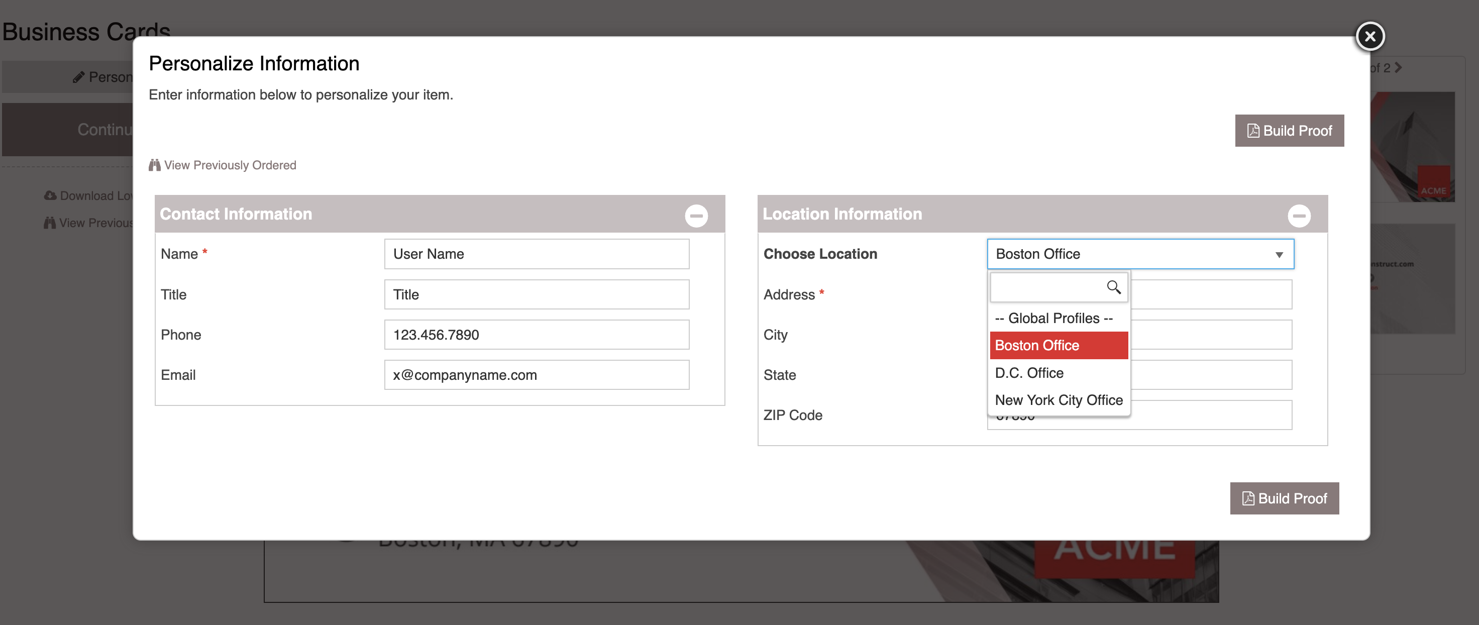 Online storefront. Personalized information section.