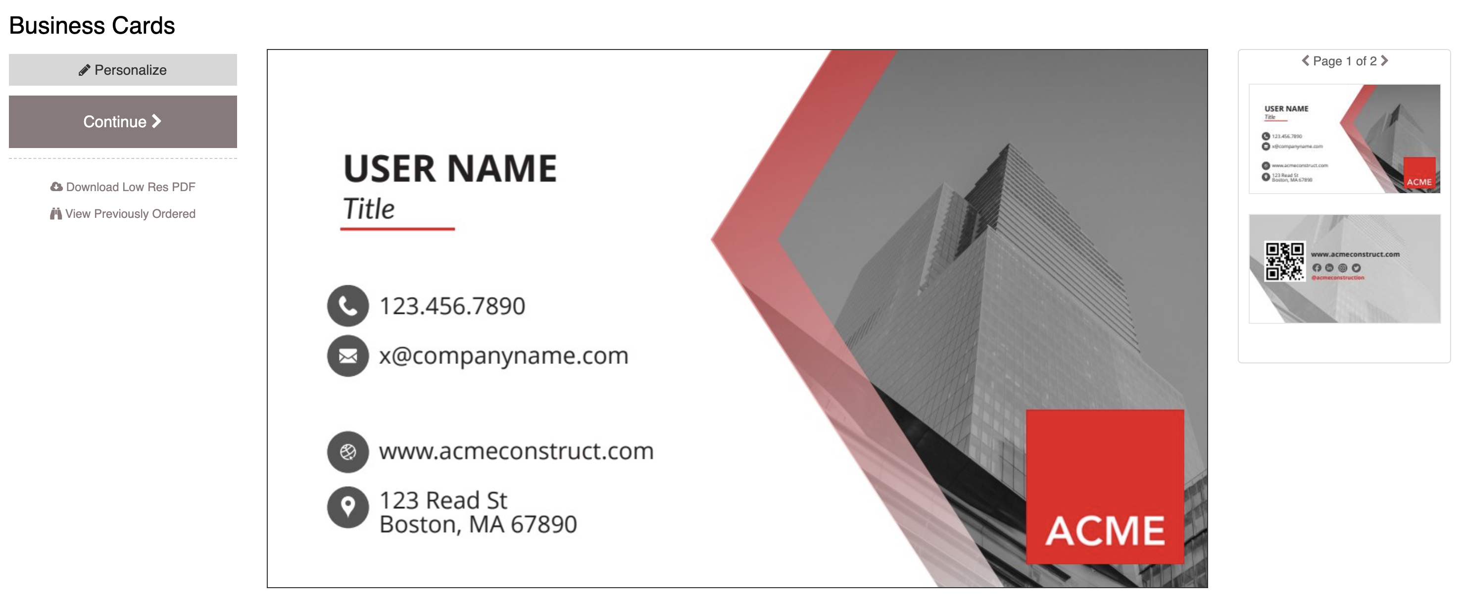 Online storefront. Business cards created digitally.