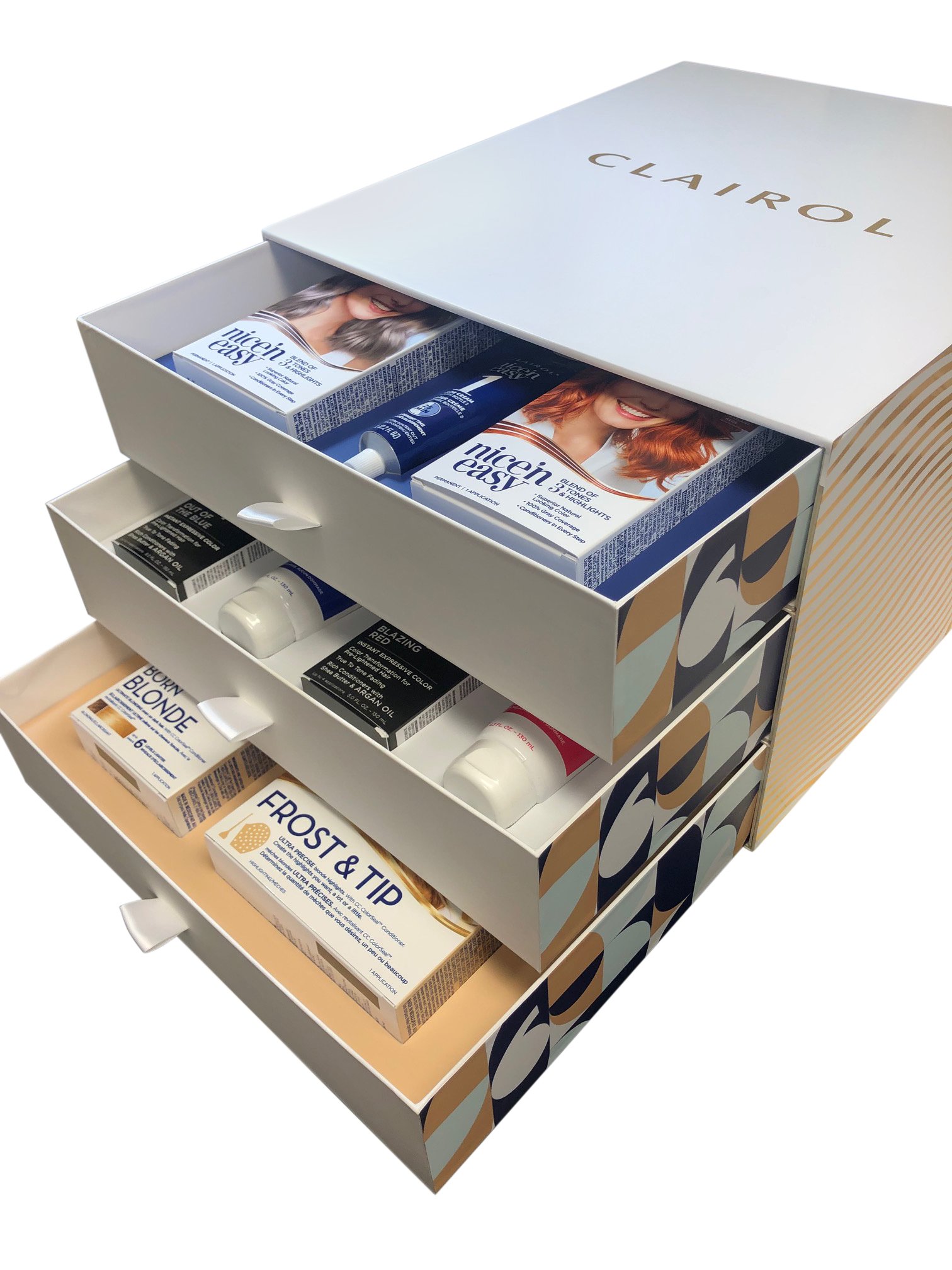 Clairol display box with pull out draws to display produce.