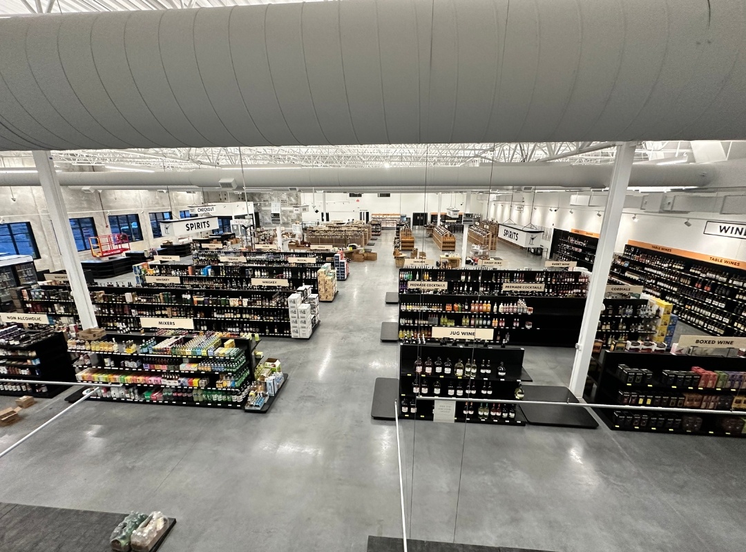 Photo taken from an angled birds eye perspective at a White Horse Wine and Spirits store.